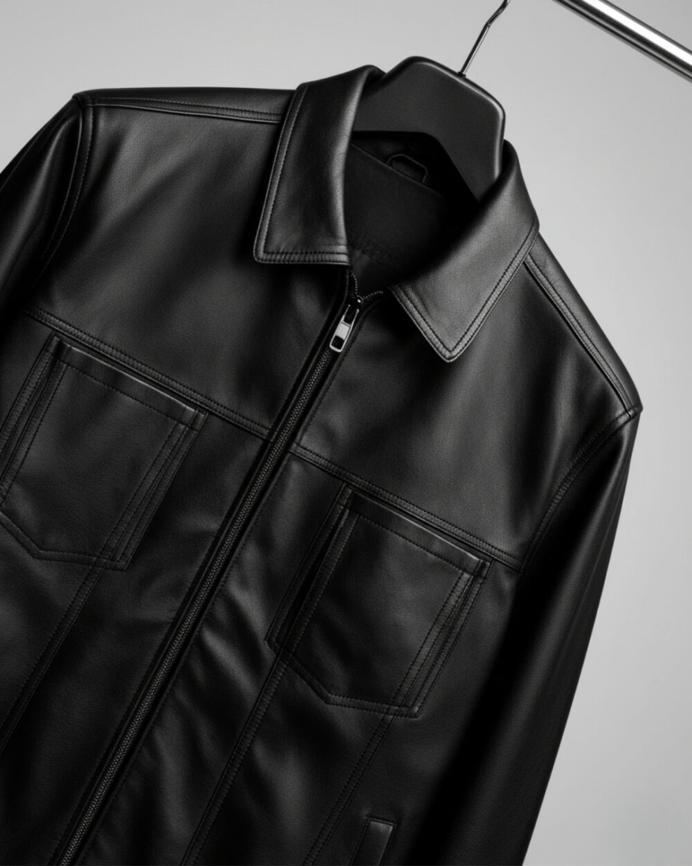 The Icon — Black Slim Collared, Premium Vegan Leather Jacket - Image 4