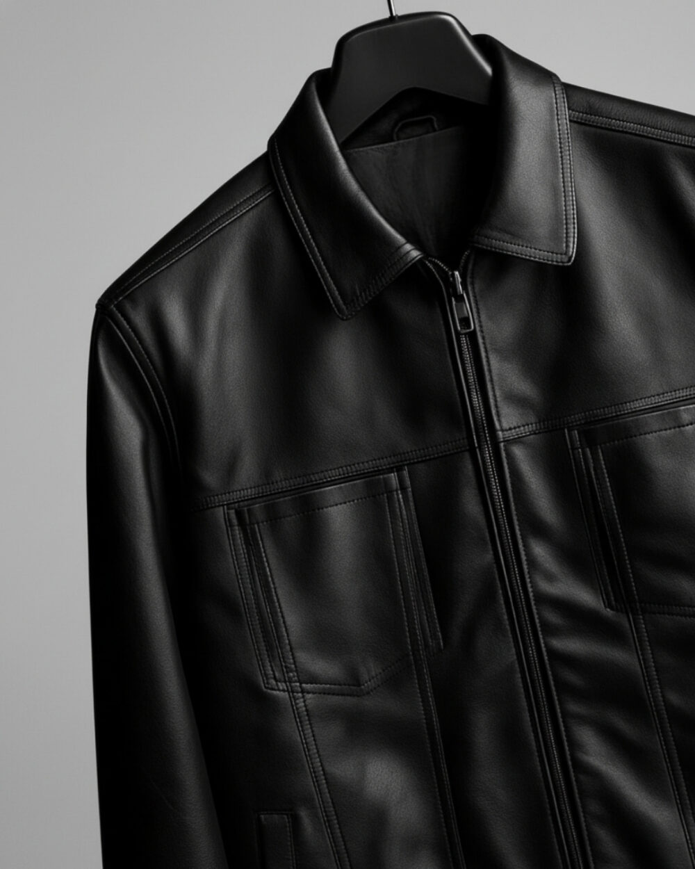 The Icon — Black Slim Collared, Premium Vegan Leather Jacket - Image 3